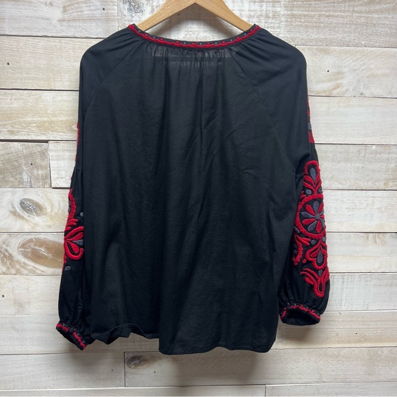 Zara Womens Embroidered Tassel Top Red Black Long Sleeve Floral Size Medium - Picture 7 of 13